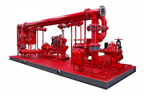 Red fire pump system on a white background